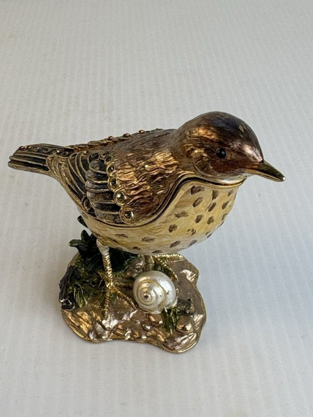 Vtg Brass Song Thrush Bird Trinket Box Jeweled Wings Snail Base Beswick